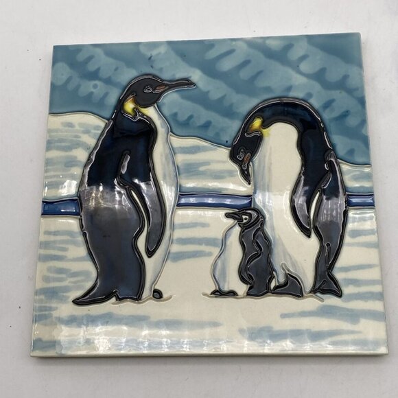 Art Tile Decorative Trivet Hanging Wall Penguins raise relief handpainted 8 x 8 - Picture 2 of 10